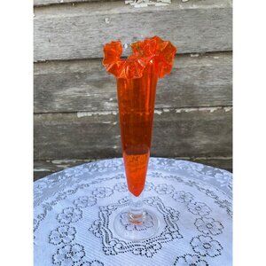 Vintage MCM Orange/Clear Ruffled  Art Glass  Pedestal Vase